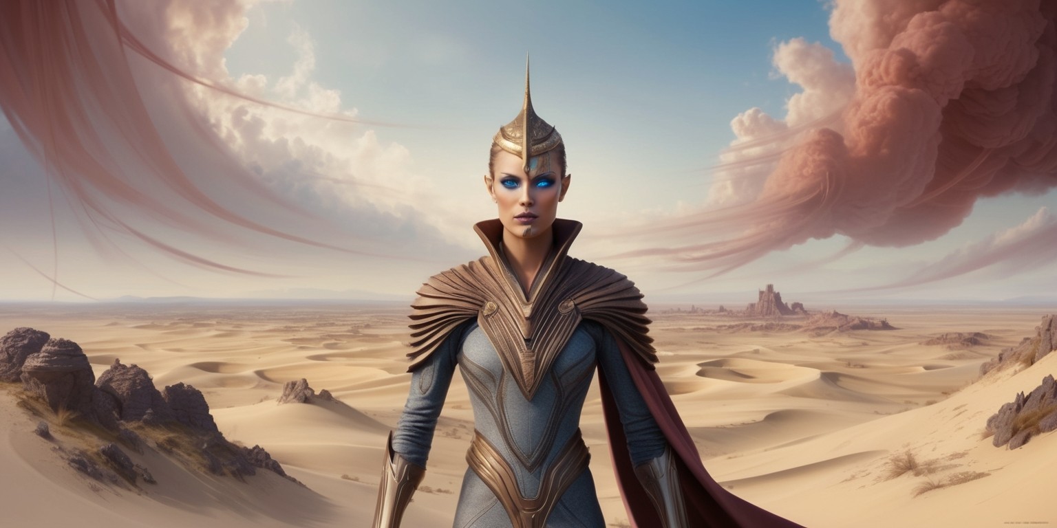 A sweeping, futuristic landscape depicting a pivotal moment in the Prophecy series of Frank Herbert's Dune, set against a backdrop of endless, sandy dunes and rocky outcroppings, with a distant, hazy horizon. At the forefront, a regal and determined Paul Atreides, with piercing blue eyes and sharp, angular facial features, stands tall, clad in a intricately designed, stillsuit-inspired outfit, with a subtle, ornate headpiece adorning his forehead. His skin has a warm, golden undertone, reflecting his mixed heritage. In the surrounding environment, wispy, ethereal clouds are tinted with hues of crimson and gold, evoking an sense of foreboding and ancient wisdom. The atmosphere is thick with an air of mysticism, as if the very fabric of time and space is being manipulated by unseen forces. The overall aesthetic is a blend of mystical, science fiction, and fantasy elements, with bold, expressive brushstrokes and intricate, ornate details, reminiscent of a classic, high-fantasy illustration.